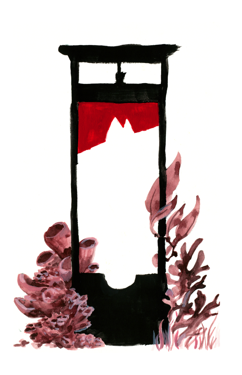 A guillotine in stark black with a red blade. The blade is cut out with a fish head. With watercolor-like textures, corals grow to the guillotine's left, kelp and seaweed to its right.